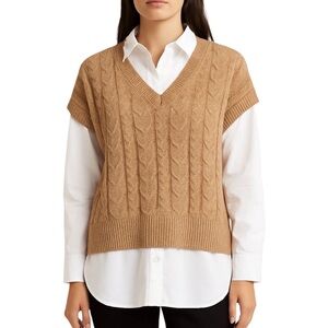 Rachel Zoe Tan V-Neck Sweater Vest/Shirt Combo Cable Knit Preppy